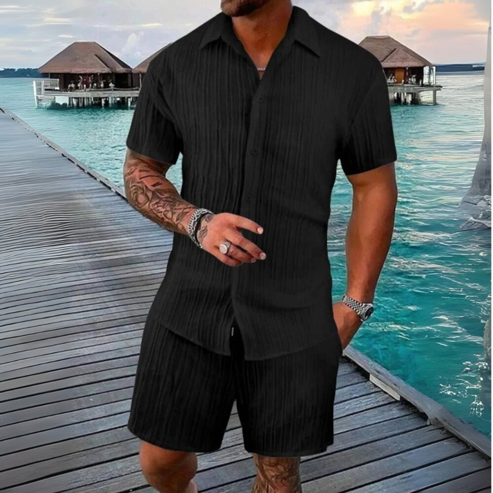 Men's Black Button Down Short Sleeve Shirt & Shorts Resort Outfit